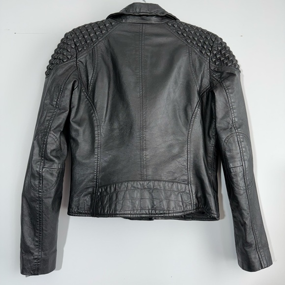 Mango Textured Panel Genuine Leather Biker Jacket Black XS Quilted Shoulder Moto - Picture 9 of 16